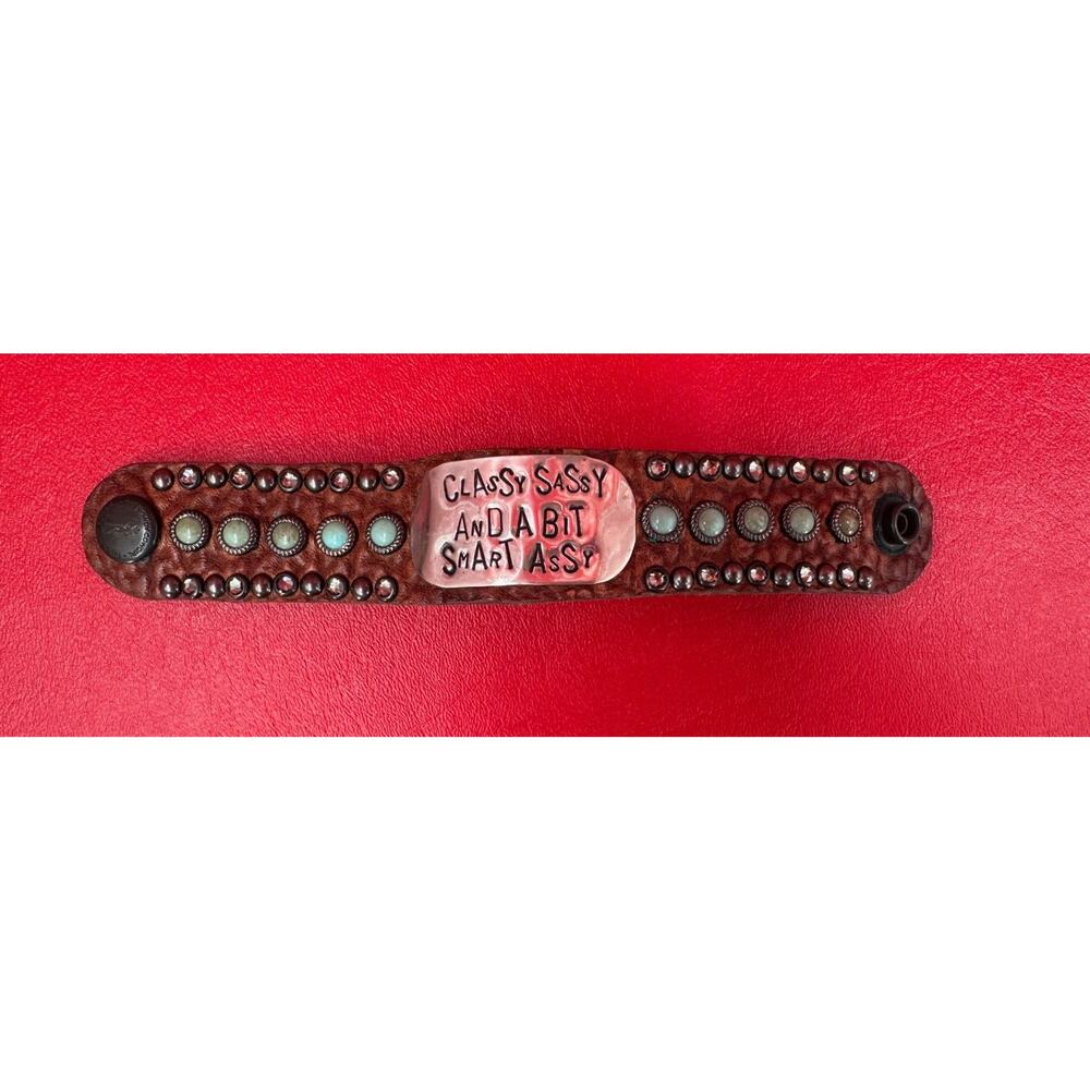The Rowdy Cowgirl Leather Turquoise Rhinestone Classy Sassy Cuff Bracelet NWT - Picture 7 of 15